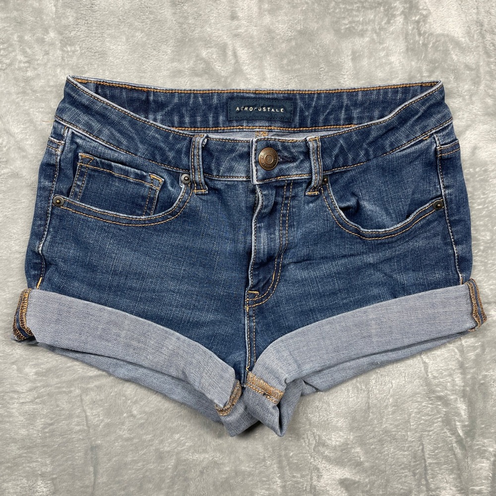 Aeropostale Denim Shorts Womens 6 Blue Flex Effects High Waisted Midi Cuffed